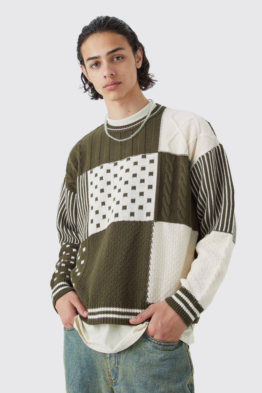 Maglione squadrato oversize in maglia intrecciata a scacchiera, Khaki caqui