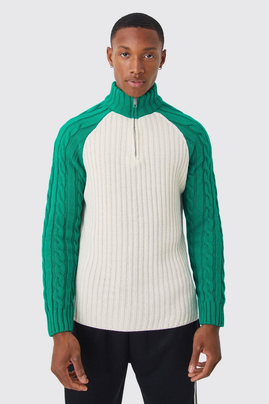 Colorblock Raglan Zopfmuster-Pullover mit Trichterkragen, Green image number 1