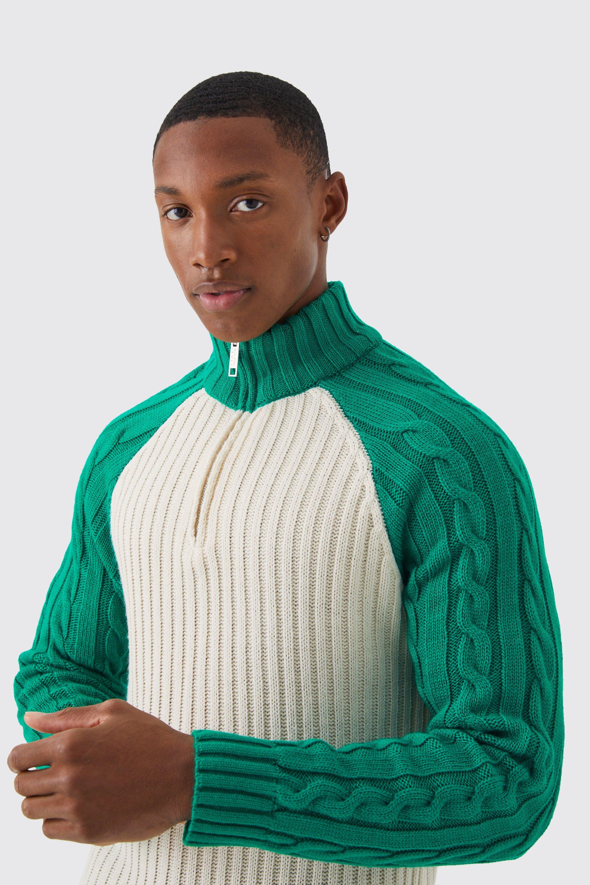Cable Funnel Neck Raglan Color Block Sweater boohoo USA