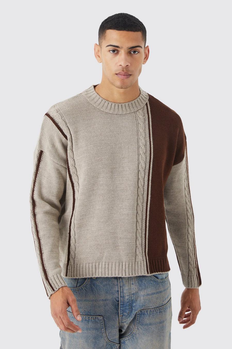 Maglione squadrato oversize a blocchi di colore in maglia intrecciata, Brown marrone