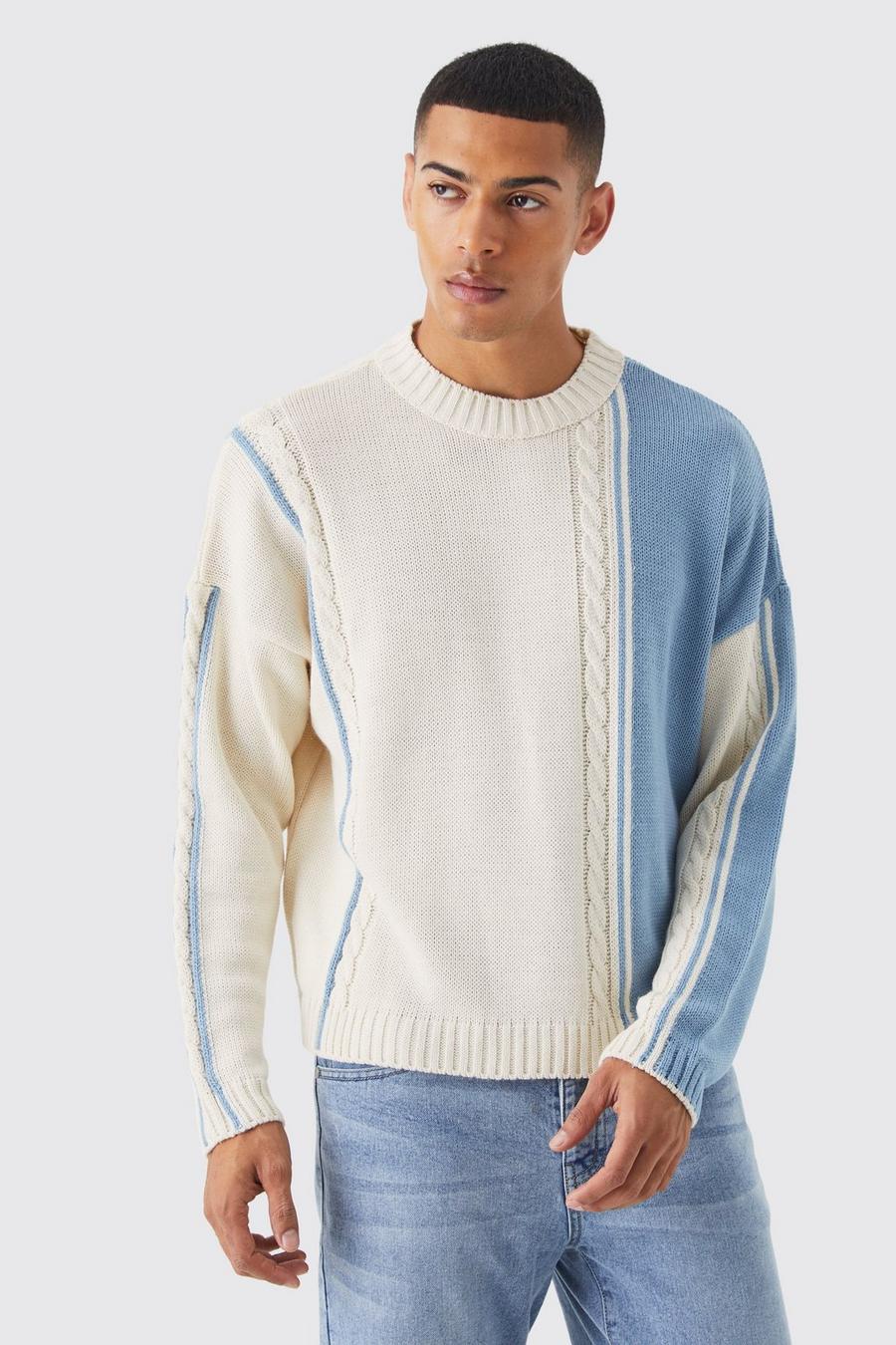 Blue Oversized Boxy Cable Colour Block Jumper