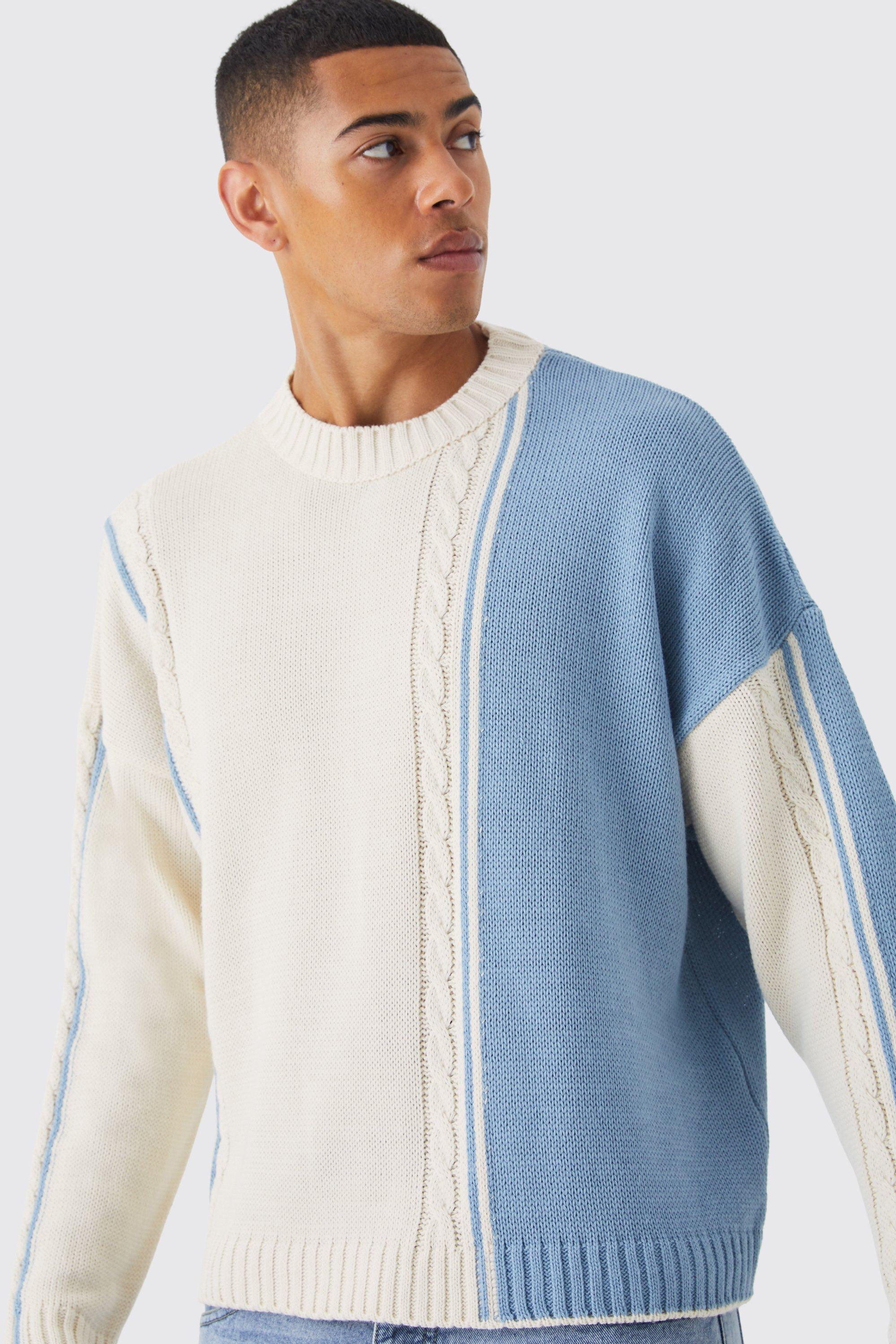 Oversized Boxy Cable Color Block Sweater boohoo USA