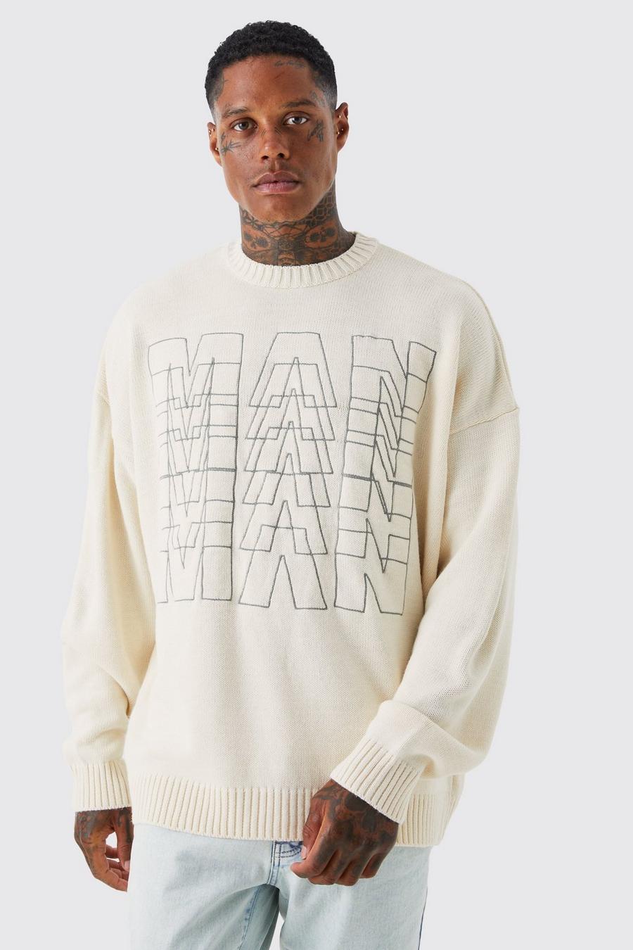 Ecru white Oversized Man Line Graphic Knitted Jumper