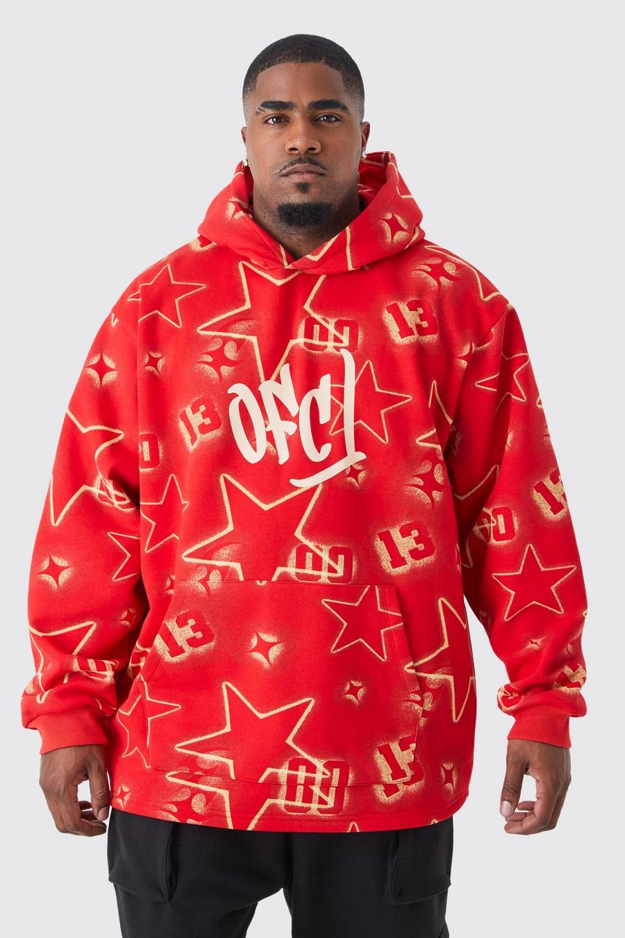 Red Plus Oversized All Over Graffiti Ear Hoodie
