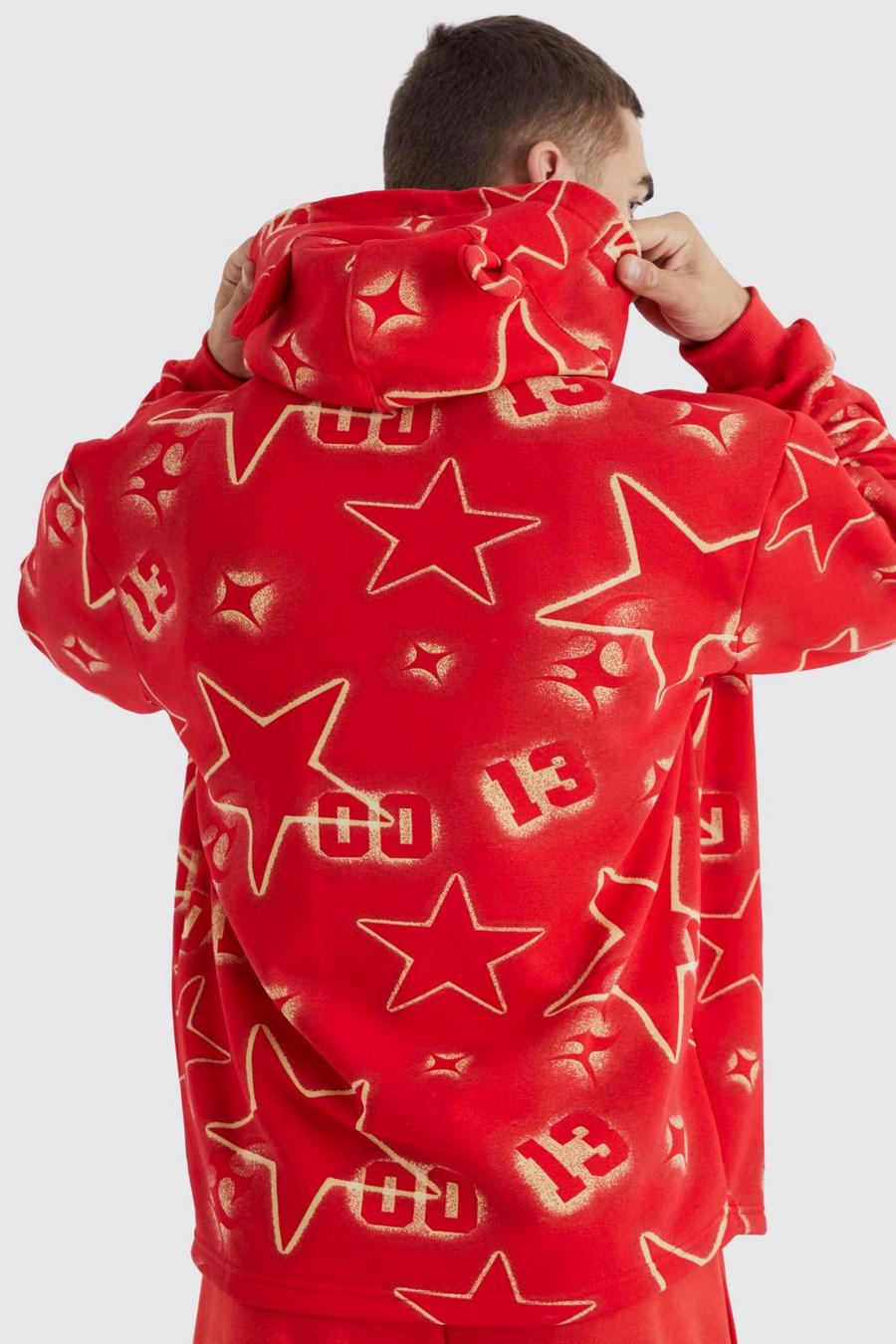 Red Oversized All Over Graffiti Ear Hoodie image number 1