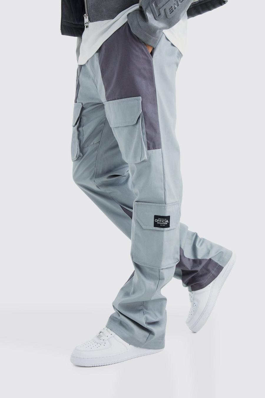 Pantaloni a zampa Slim Fit a blocchi di colore stile Cargo, Slate image number 1