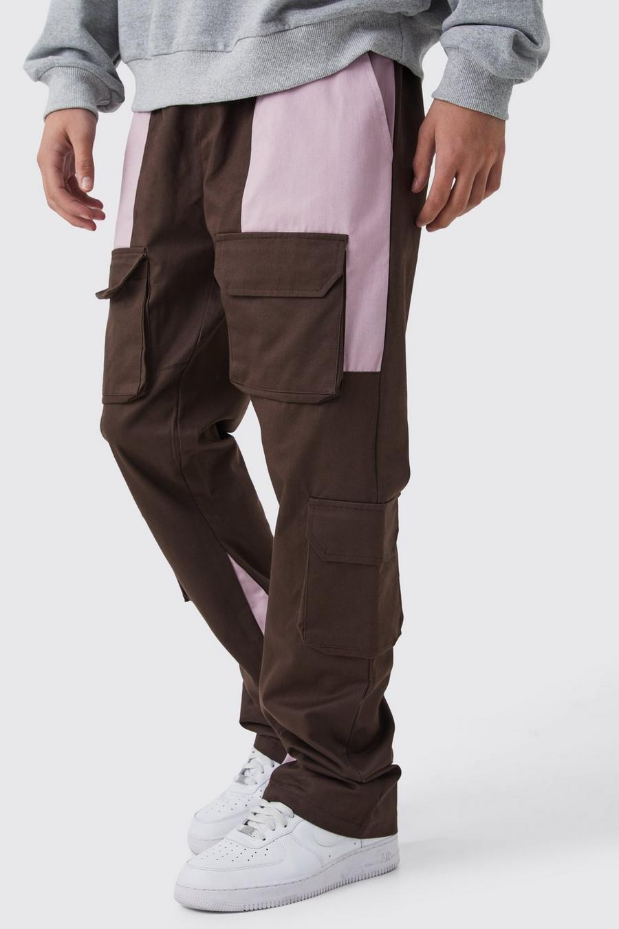 Pantaloni a zampa Slim Fit a blocchi di colore stile Cargo, Chocolate image number 1
