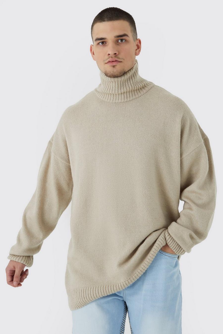 Stone Tall Oversized Funnel Neck Brushed Knit Jumper