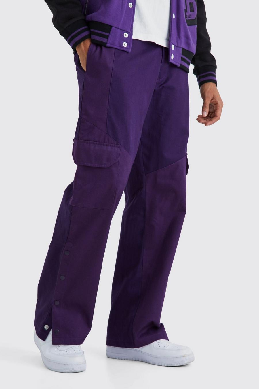 Pantaloni Cargo Slim Fit a blocchi di colore con etichetta in tessuto, Purple