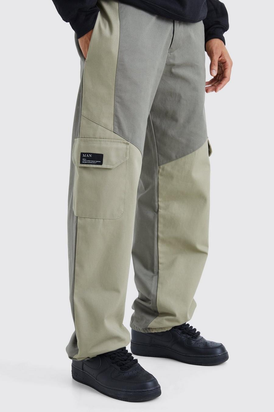 Pantaloni Cargo Slim Fit a blocchi di colore con etichetta in tessuto, Khaki