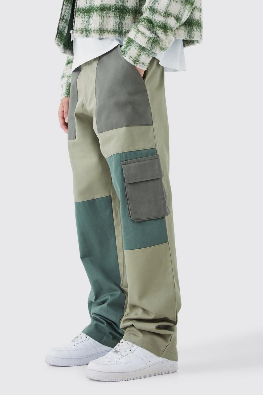 Khaki Relaxed Fit Colour Block Tonal Branded Cargo Trouser