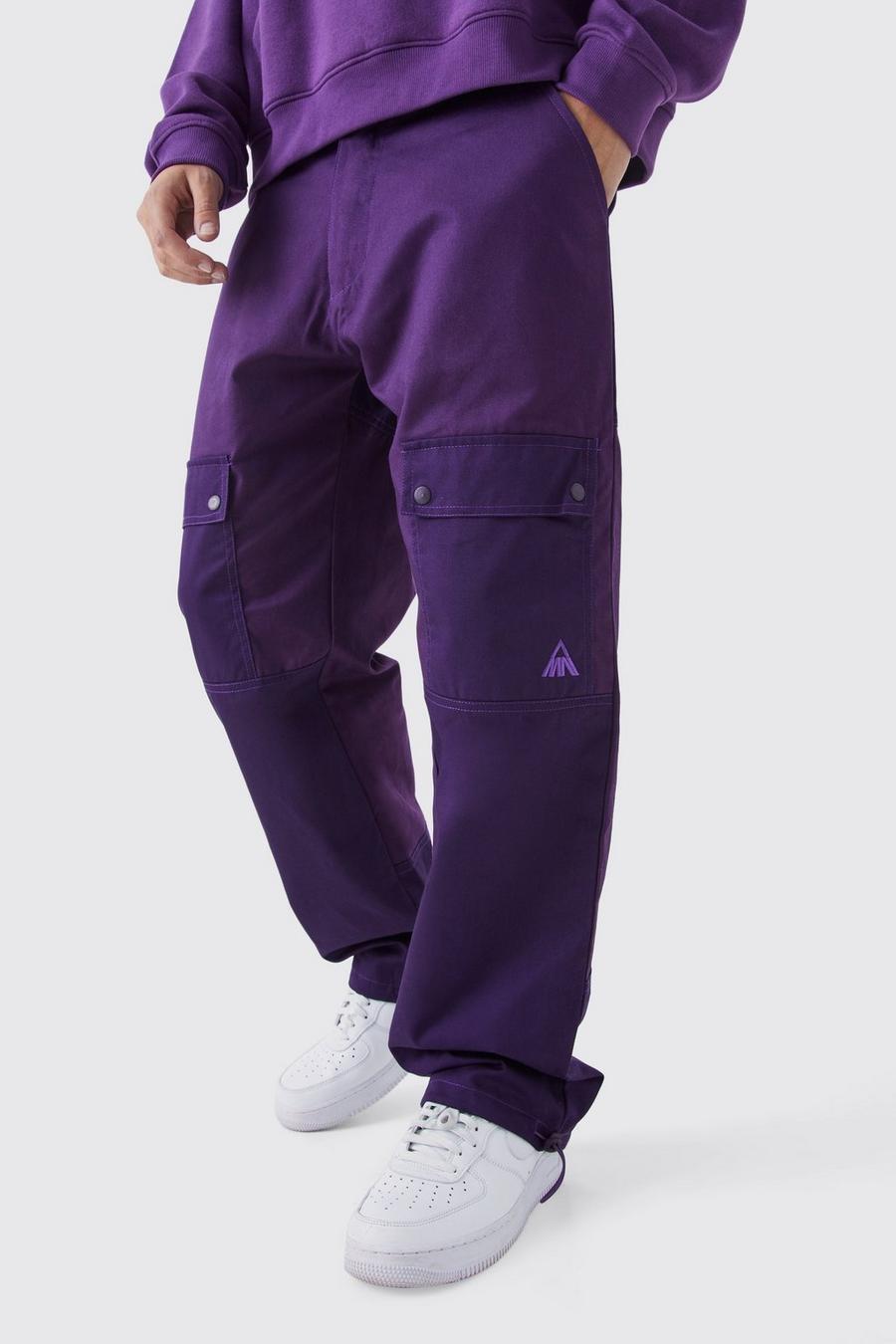 Purple Relaxed Fit Colour Block Tonal Branded Cargo Trouser image number 1