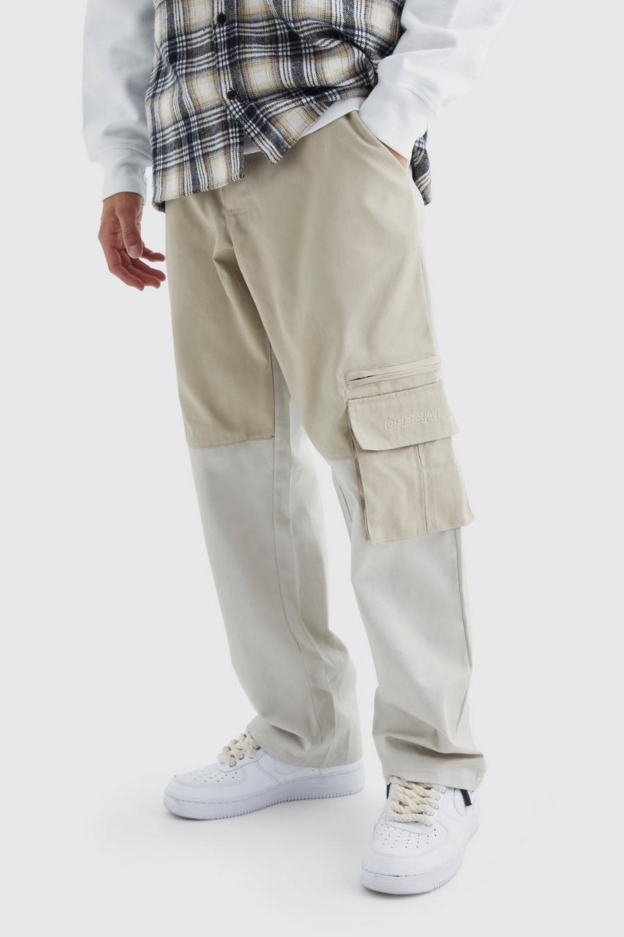 Stone Relaxed Fit Colour Block Official Branded Cargo Trouser image number 1