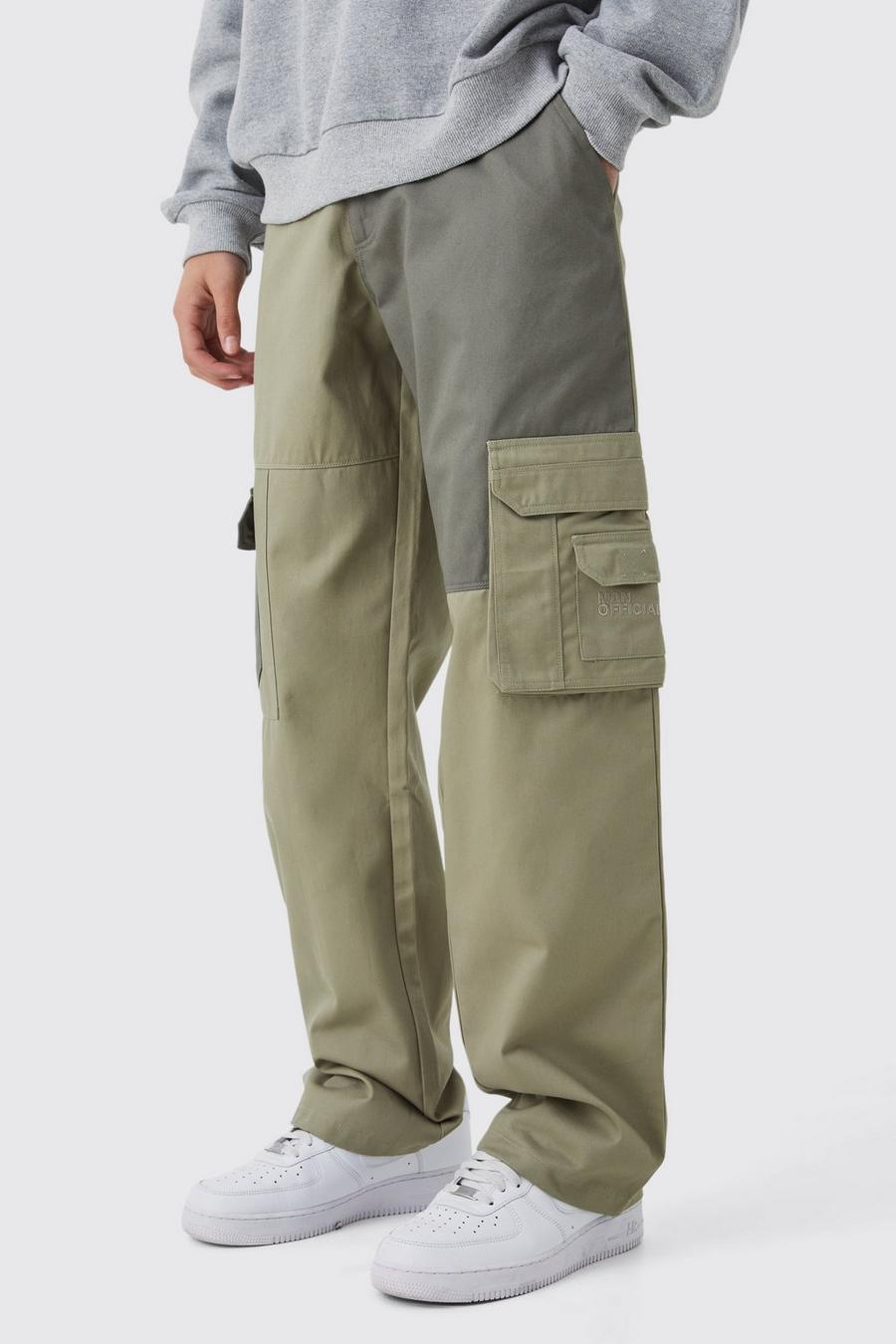 Khaki kaki Relaxed Fit Colour Block Tonal Branded Cargo Trouser