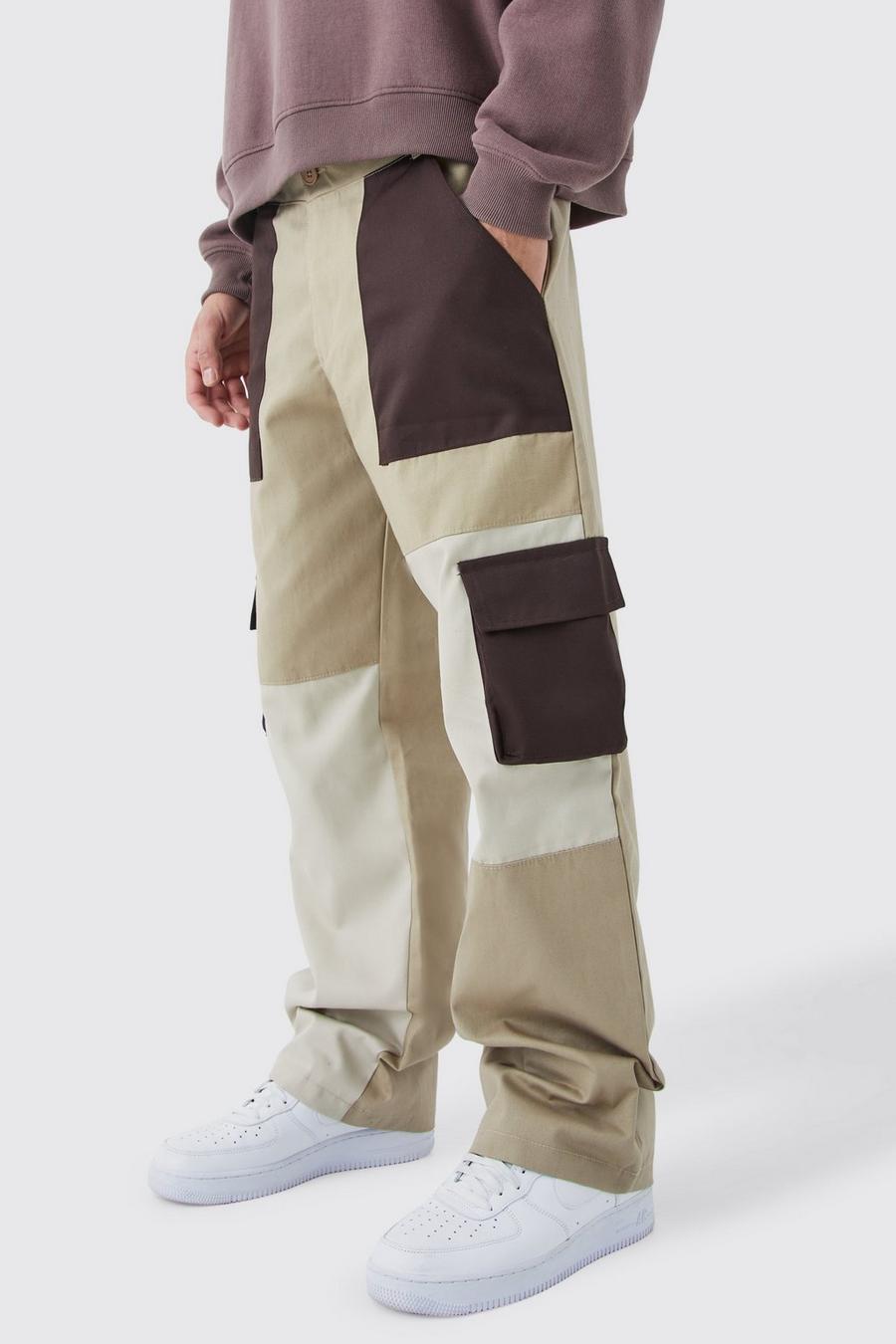 Chocolate Relaxed Fit Color Block Cargo Pants image number 1