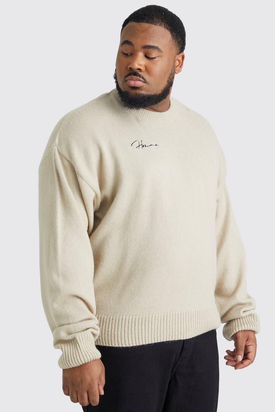 Stone beige Plus Boxy Homme Extended Neck Brushed Rib Knit Jumper