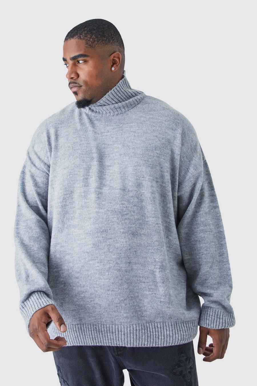 Maglione Plus Size oversize in maglia spazzolata con collo a imbuto, Charcoal gris