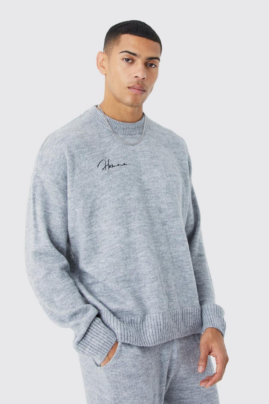 Charcoal Boxy Homme Extended Neck Brushed Rib Knit Jumper