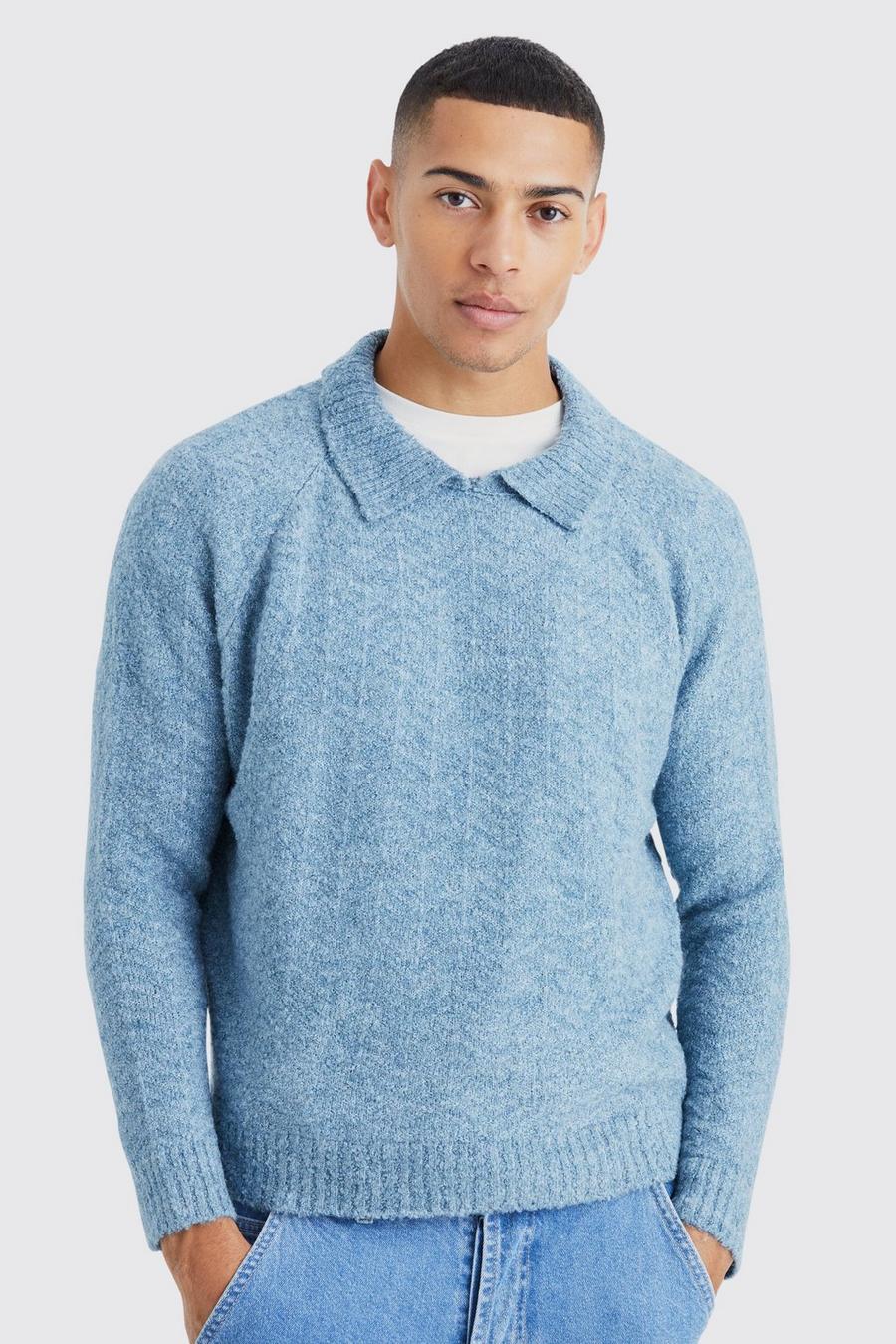 Slate blue Oversized Funnel Neck Herringbone Knit Sweater