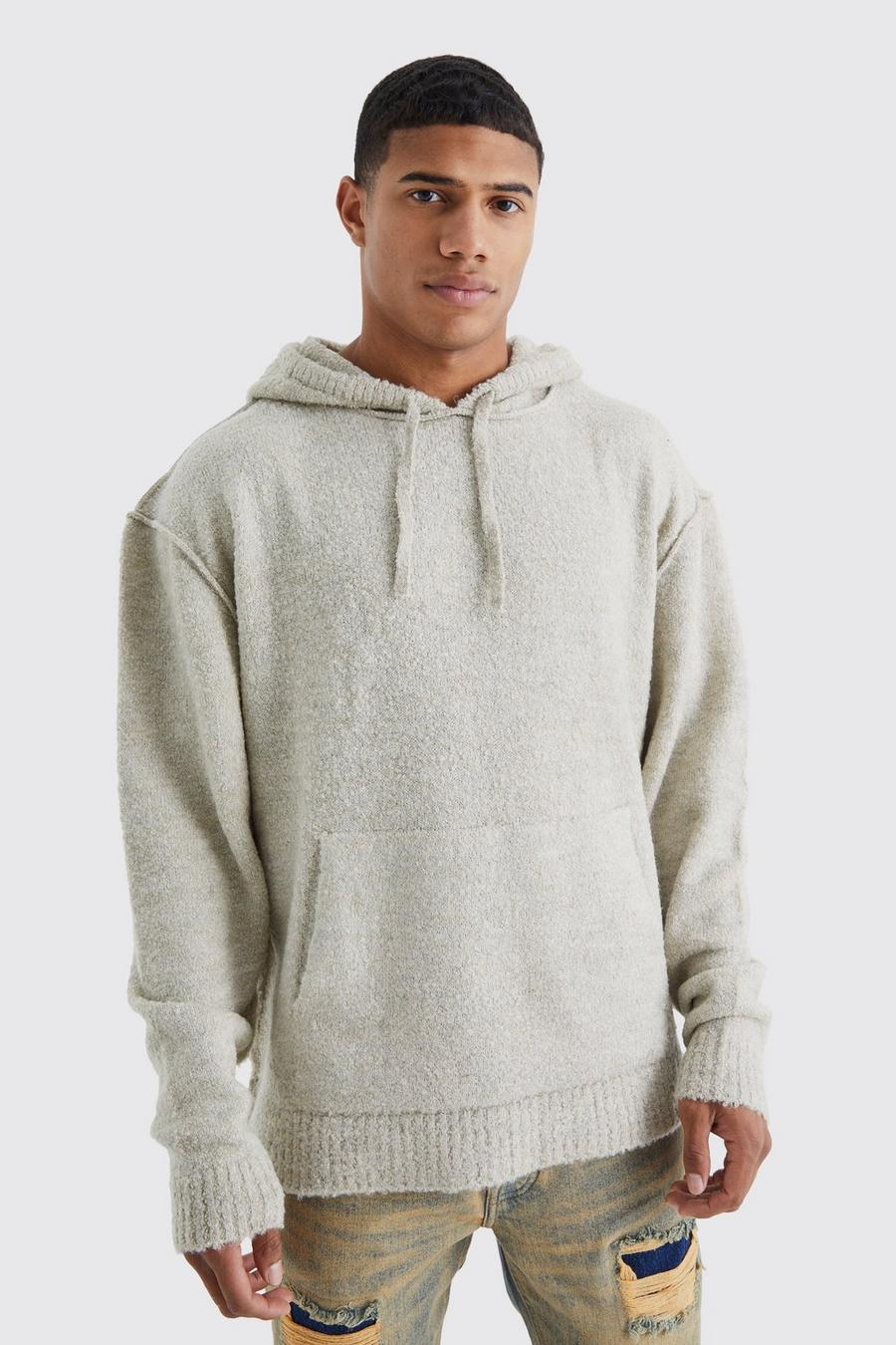 Stone beige Oversized Boucle Knit Hoodie With Exposed Seams