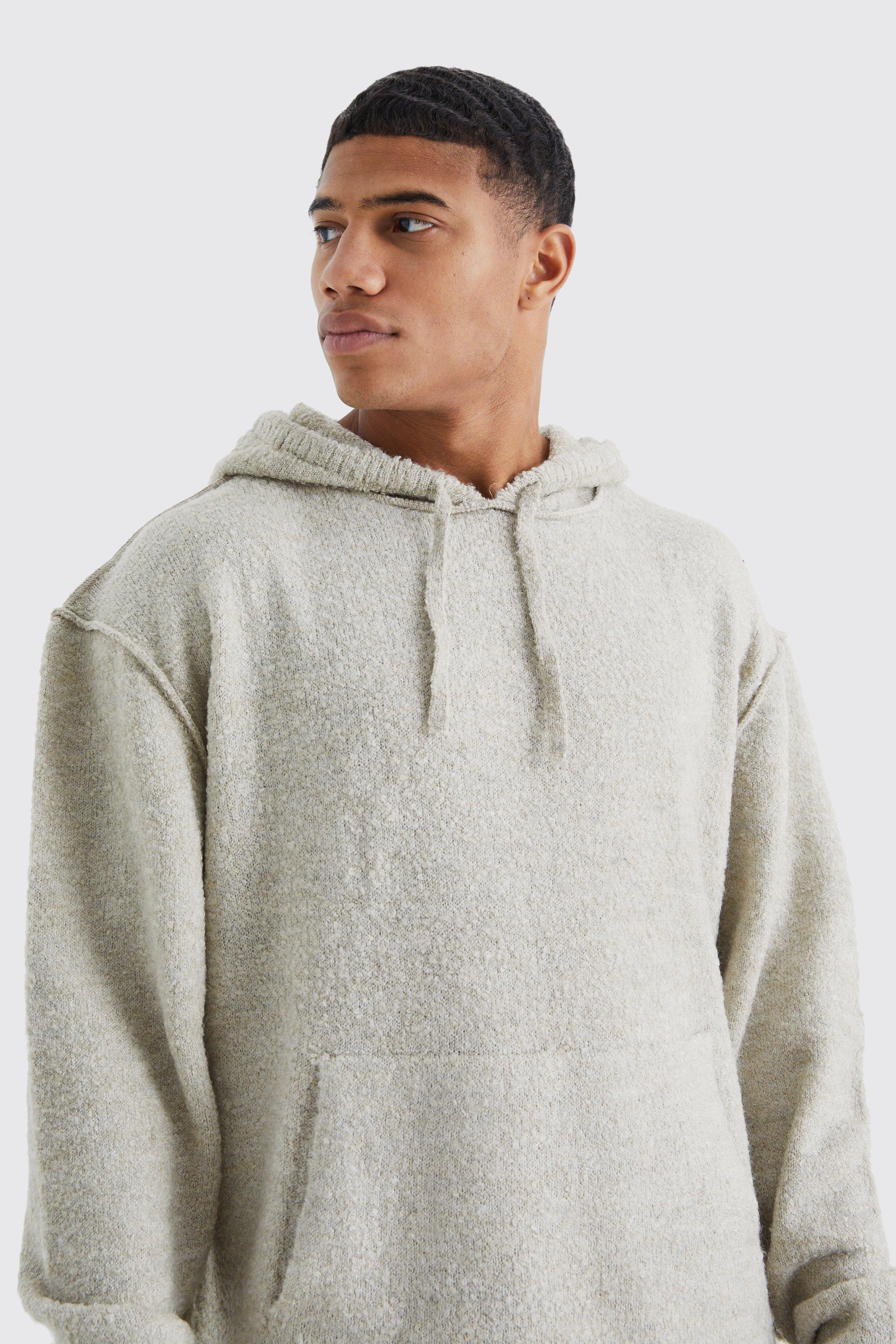 Men's Oversized Boucle Knit Hoodie With Exposed Seams | Boohoo UK