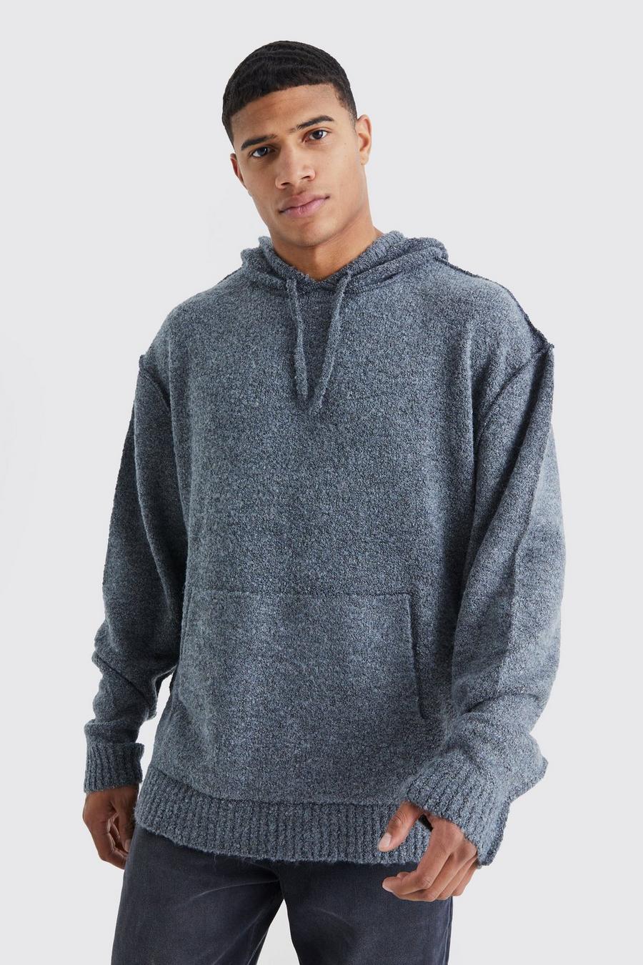 Charcoal Oversized Boucle Knit Hoodie With Exposed Seams image number 1