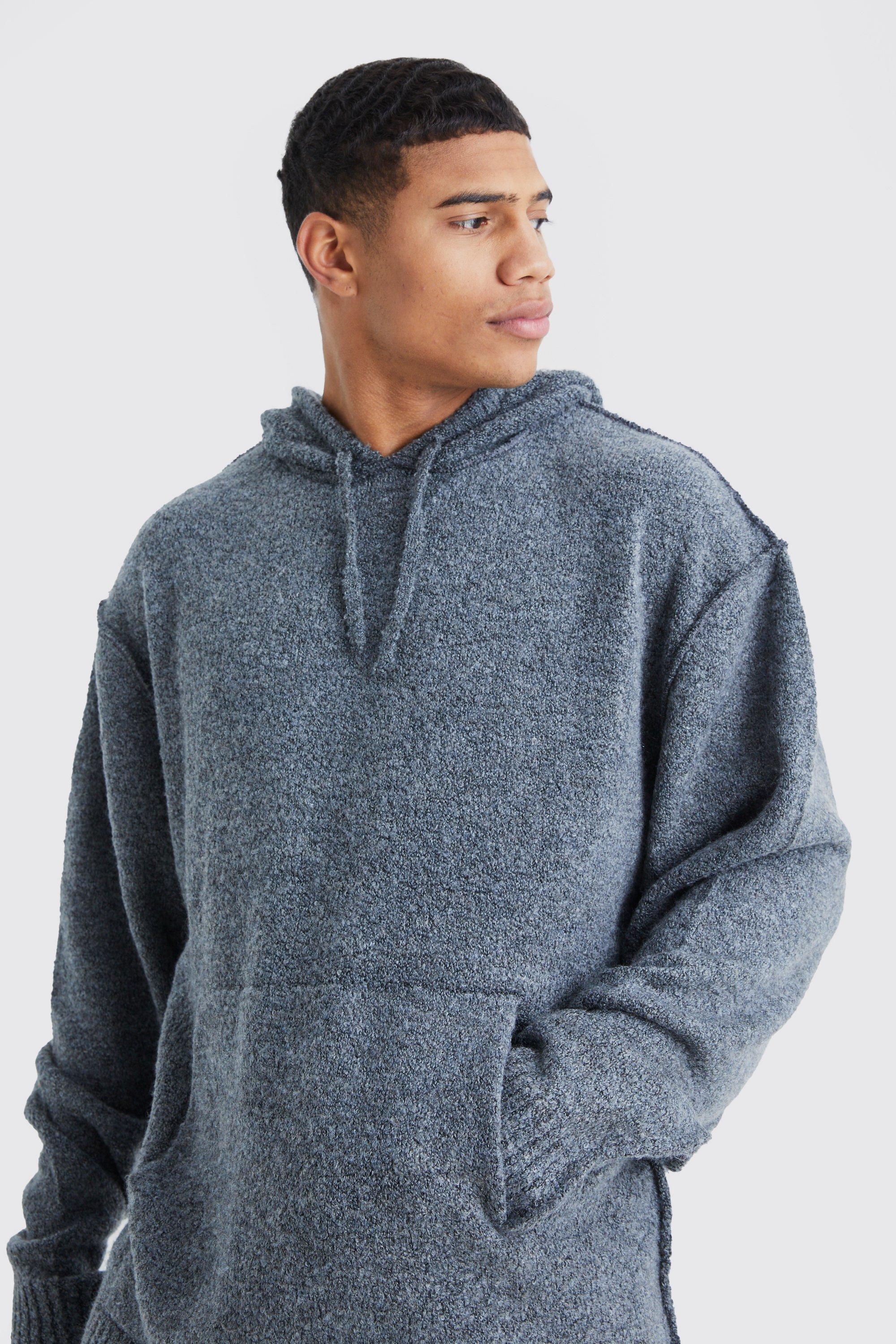 Oversized Boucle Knit Hoodie With Exposed Seams