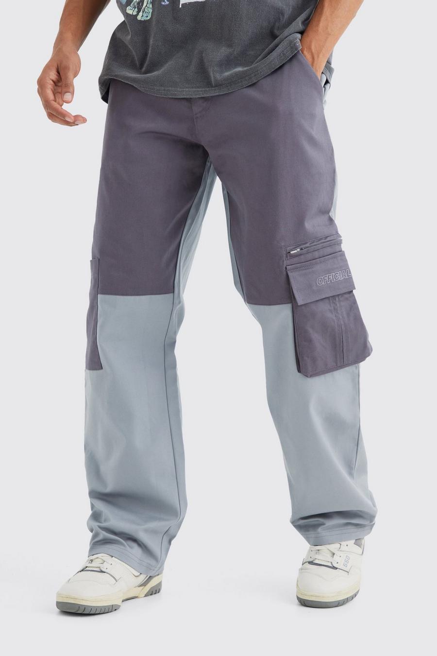 Pantaloni Cargo Slim Fit a blocchi di colore con inserti e inserti, Slate