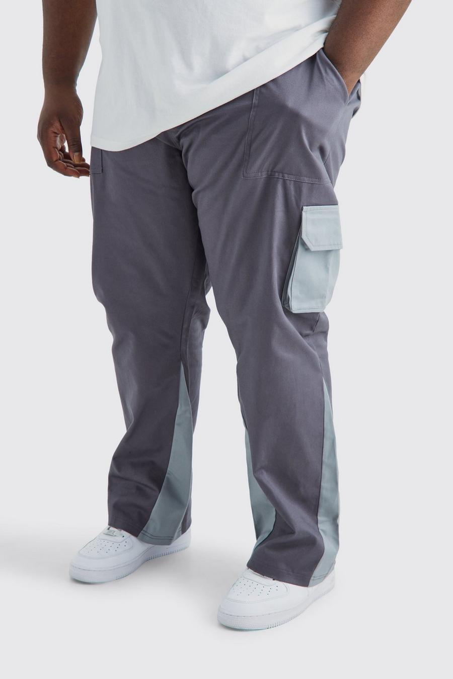 Pantaloni Cargo Plus Size a zampa Slim Fit a blocchi di colore con inserti, Charcoal