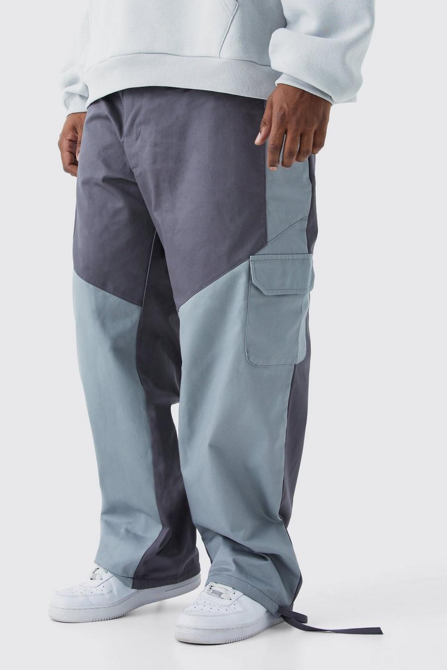 Pantaloni Cargo Plus Size Slim Fit a blocchi di colore con etichetta in tessuto, Charcoal image number 1