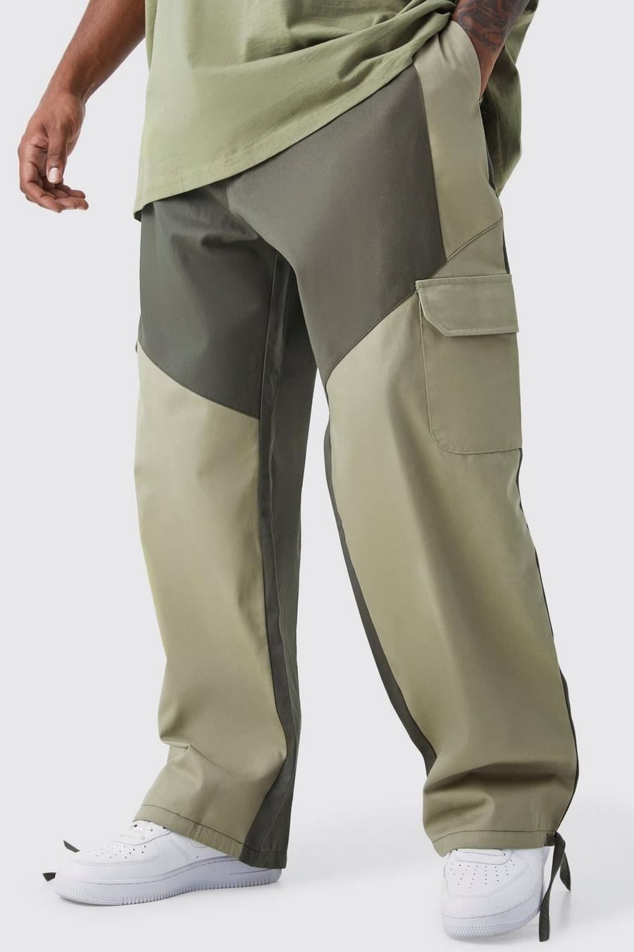 Khaki Plus Slim Fit Colour Block Cargo Trouser With Woven Tab image number 1