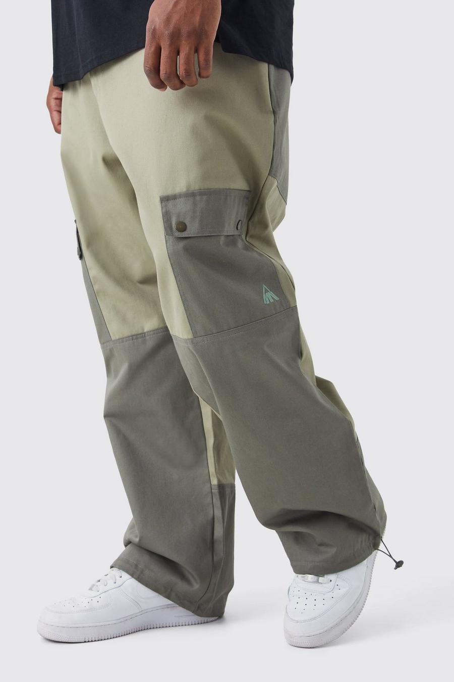 Khaki Plus Relaxed Fit Colour Block Tonal Branded Cargo Trouser