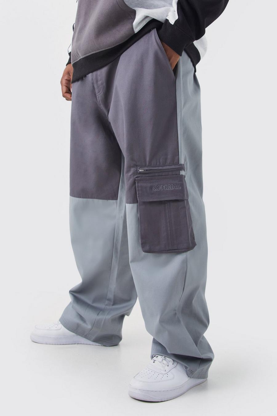Charcoal gris Plus Relaxed Fit Colour Block Official Branded Cargo Trouser