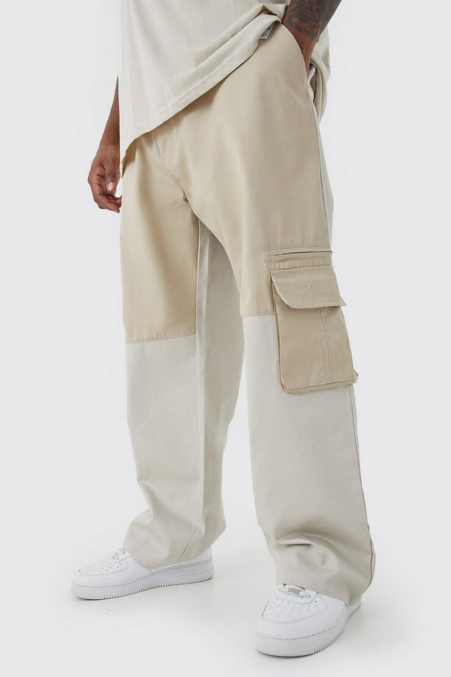 Stone beige Plus Relaxed Fit Colour Block Official Branded Cargo Trouser