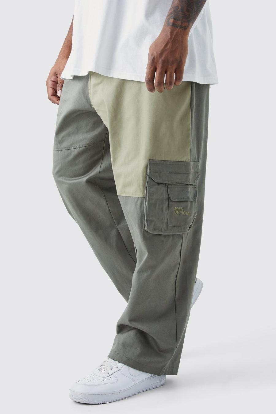 Khaki kaki Plus Relaxed Fit Colour Block Tonal Branded Cargo Trouser