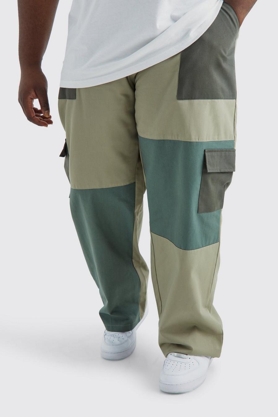 Khaki Plus Relaxed Fit Colour Block Cargo Trouser image number 1