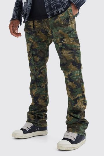 Green Slim Stacked Flare Multi Cargo Camo Bandana Pants