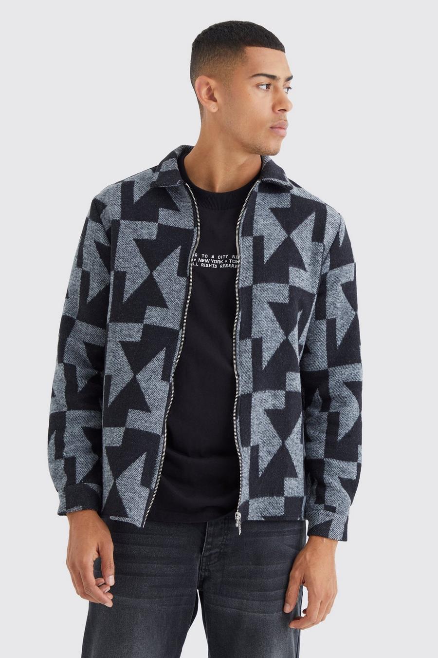 Grey Zip Through Brushed Geometric Overshirt
