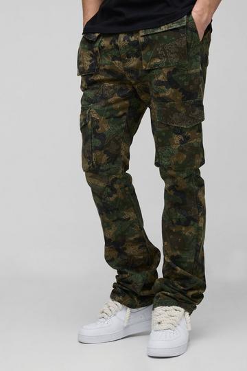 Green Tall Slim Stacked Flare Multi Cargo Camo Bandana Trouser