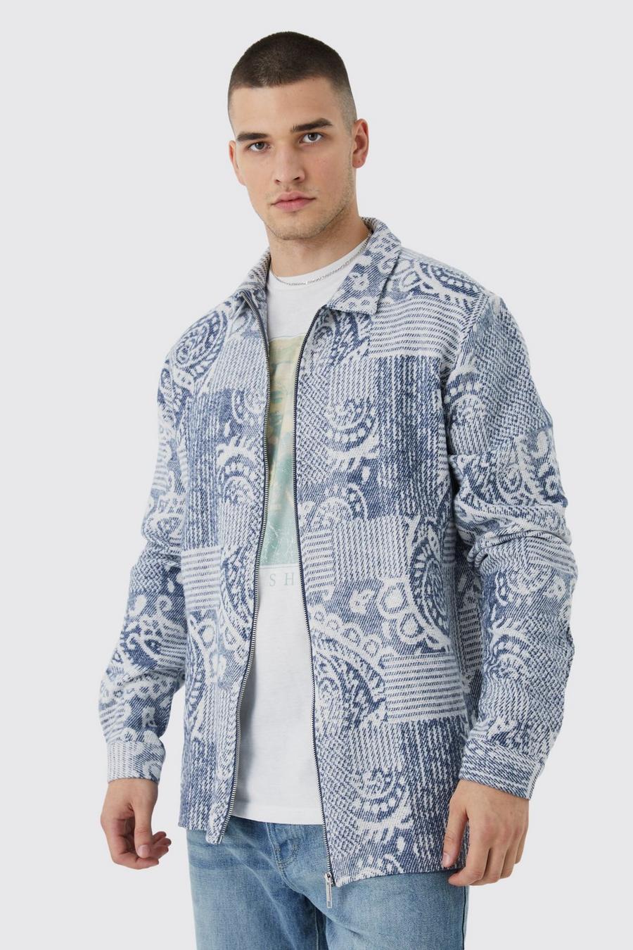Pale blue Tall Zip Through Tonal Patchwork Bandana Shirt Jacket image number 1