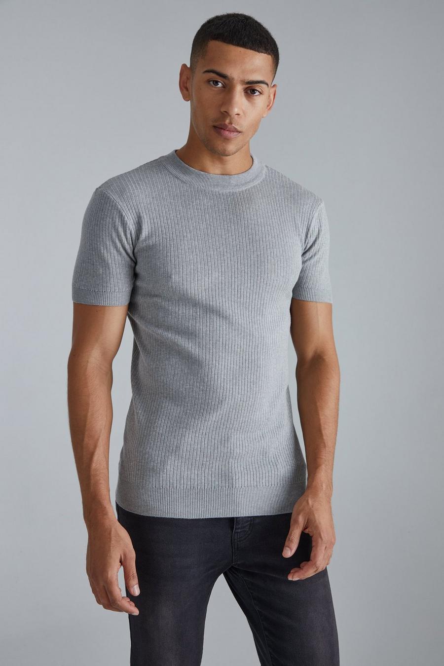 Grey marl gris Ribbed Muscle Short Sleeve Extended Neck Knitted T-shirt