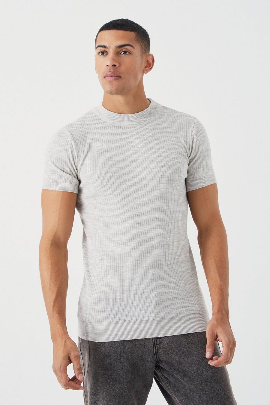 T-shirt in maglia a coste a maniche corte con girocollo esteso, Taupe image number 1