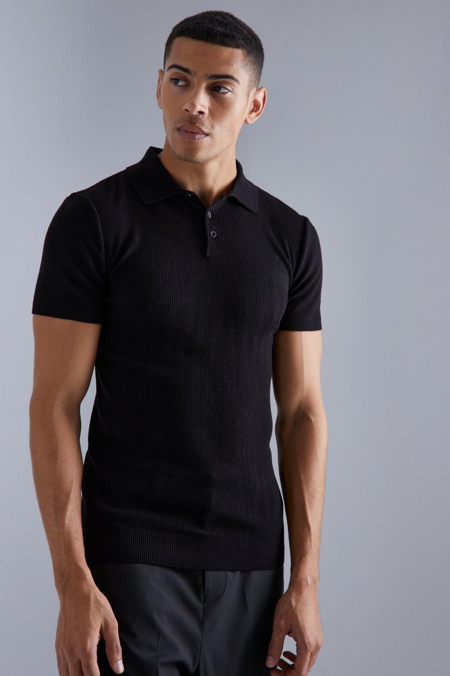 Kurzärmliges geripptes Muscle-Poloshirt, Black image number 1