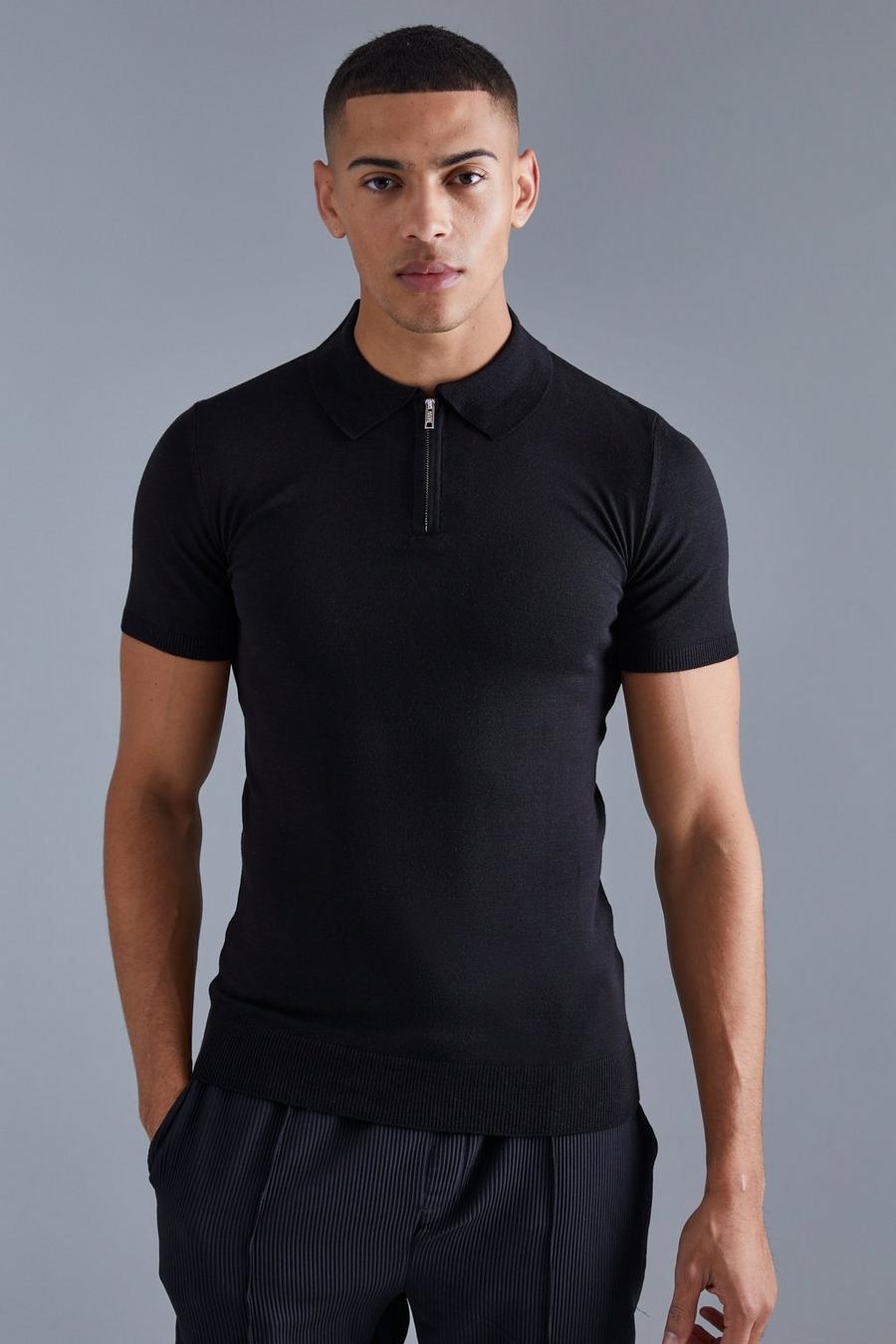Kurzärmliges Muscle-Fit Poloshirt mit halbem Reißverschluss, Black