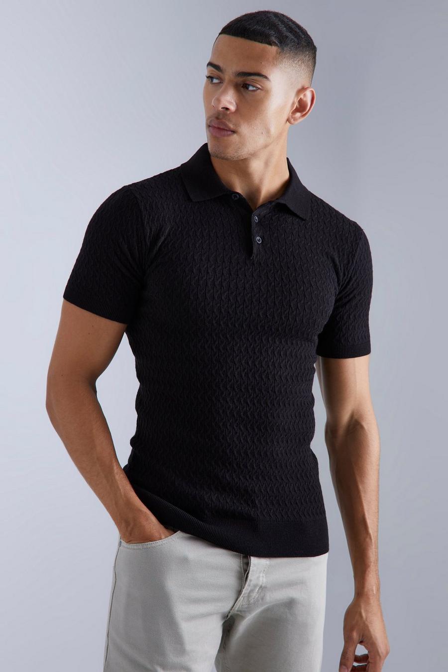 Black negro Muscle Short Sleeve Cable Polo