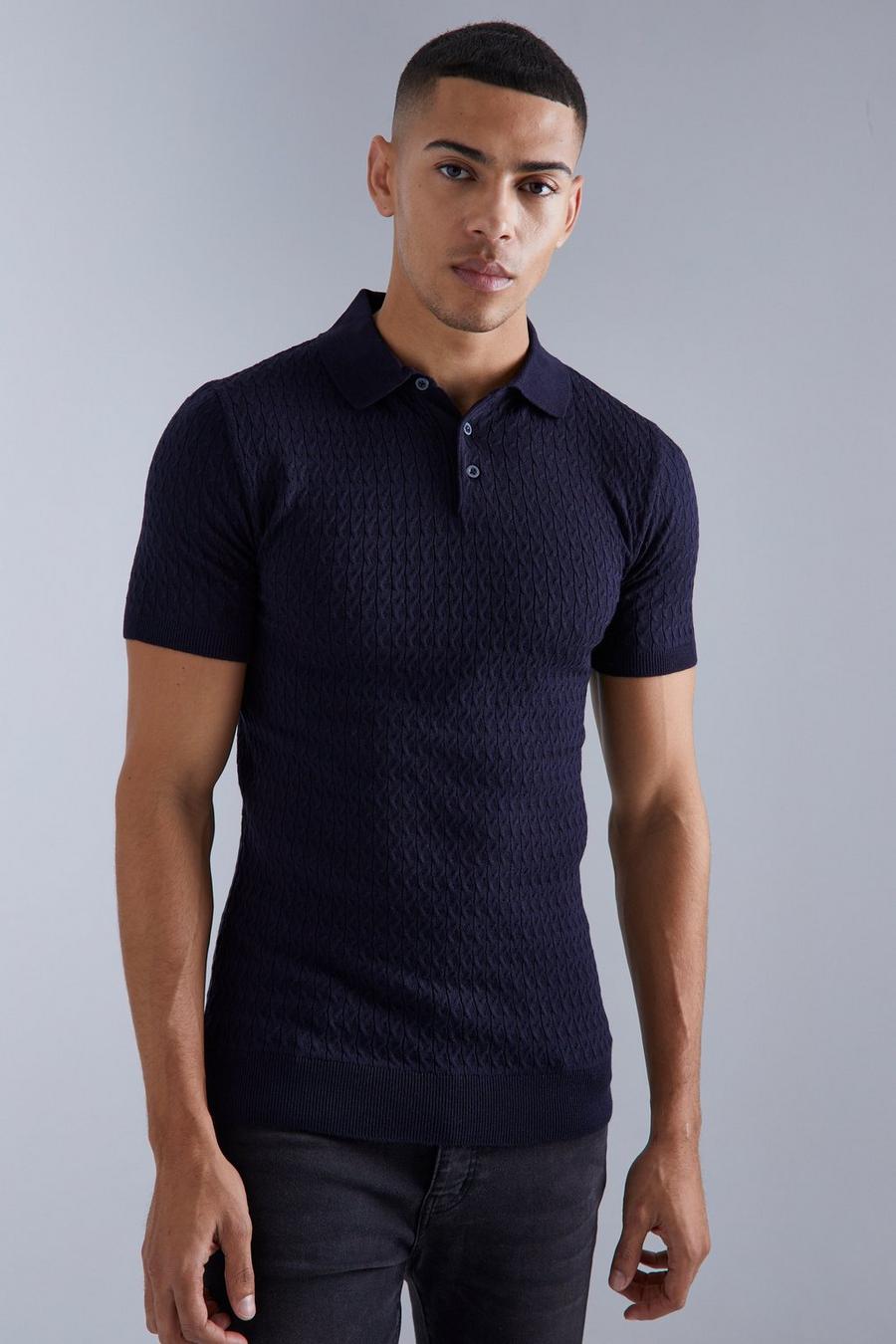 Navy Muscle Short Sleeve Cable Polo image number 1