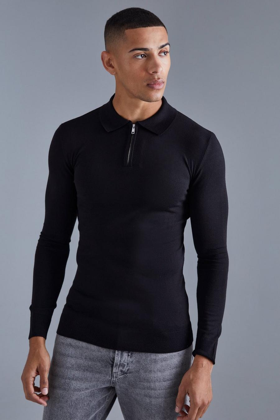 Langärmliges Muscle-Fit Poloshirt mit halbem Reißverschluss, Black image number 1