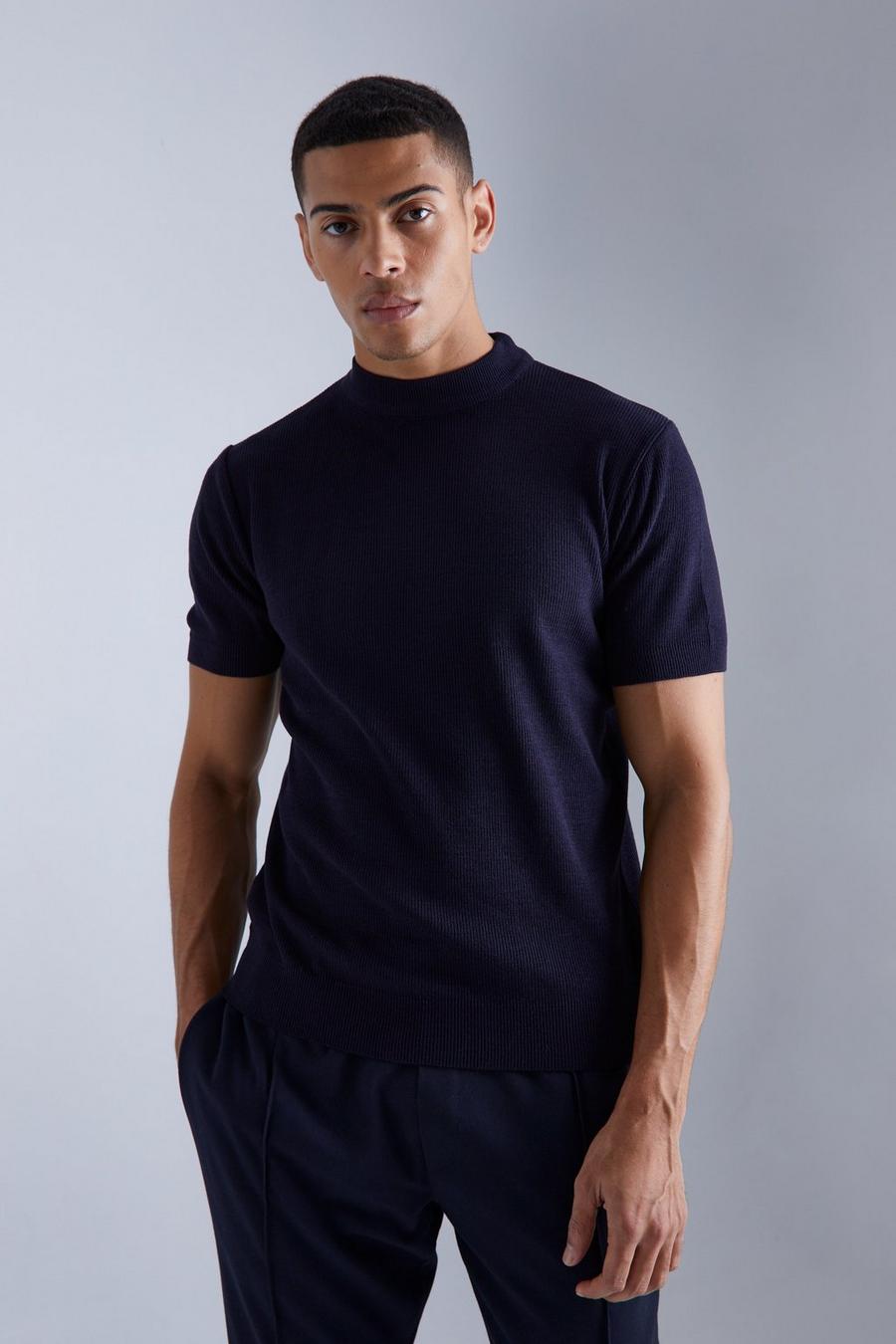 Navy Short Sleeve Turtle Neck Rib Knitted T-shirt image number 1