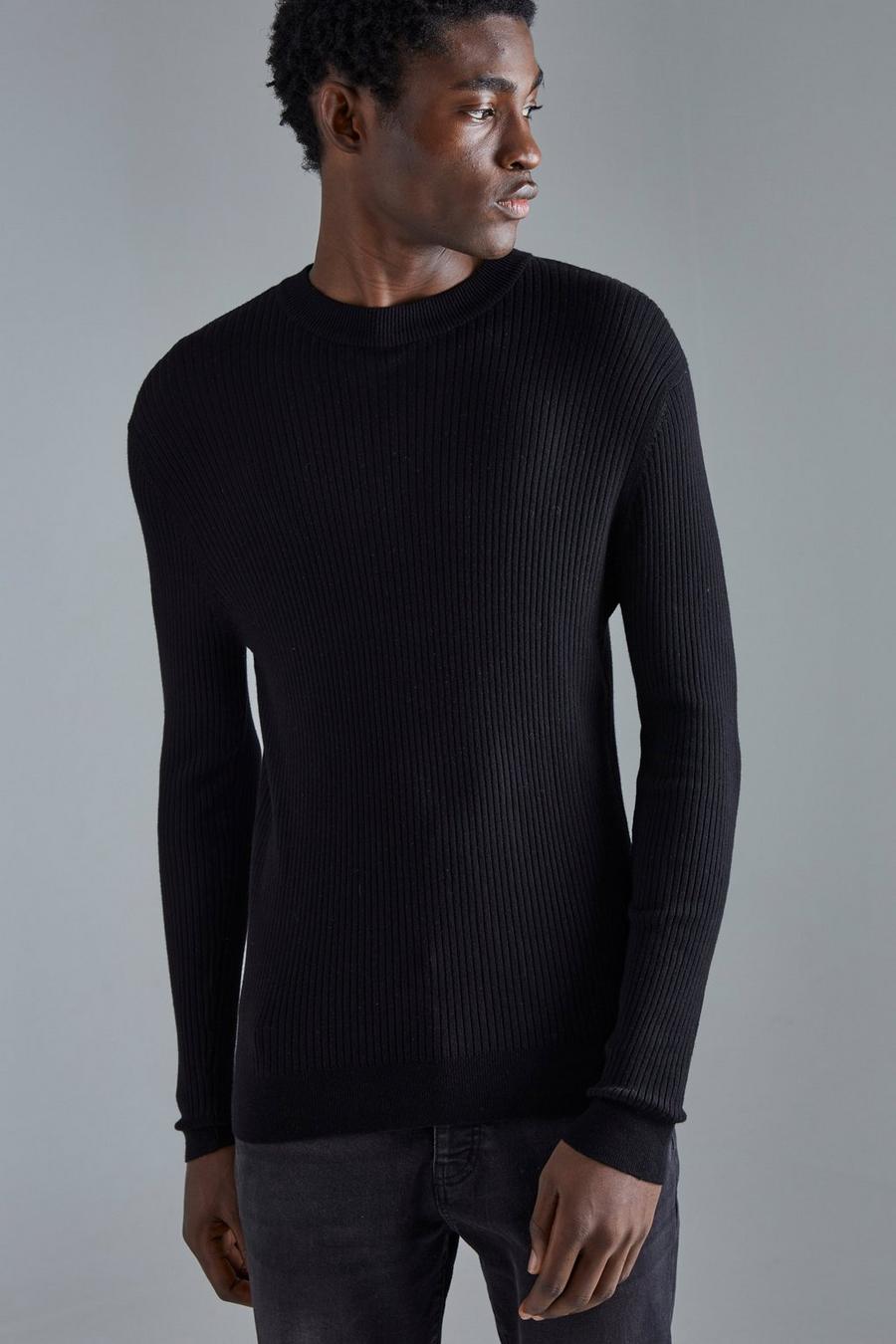 Black Muscle Fit Ribbed Extended Neck Jumper