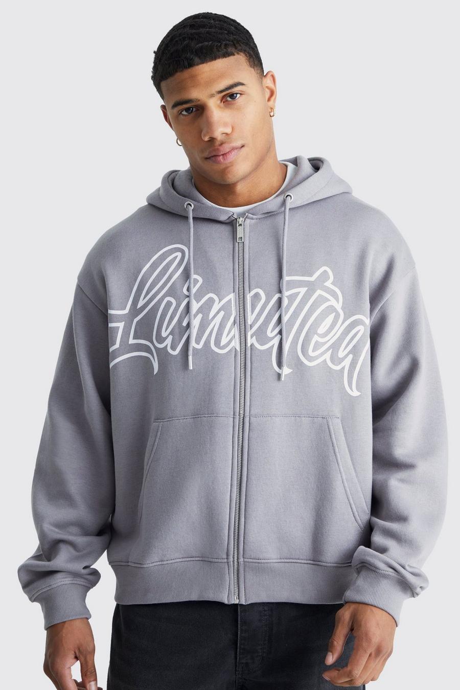 Light grey Oversized Boxy Zip Through Limited Hoodie image number 1